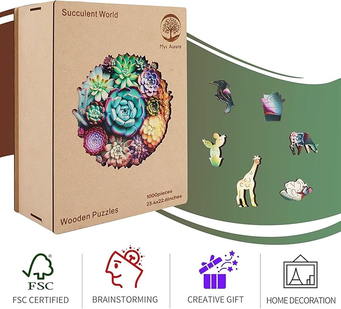 Mys Aurora Puzzles for Adults 1000 Pieces, Mandala Succulent Plants Wooden Puzzles Unique Shaped Jigsaw Challenging Puzzle Gift for Family Game 23.4'' x 22.6''