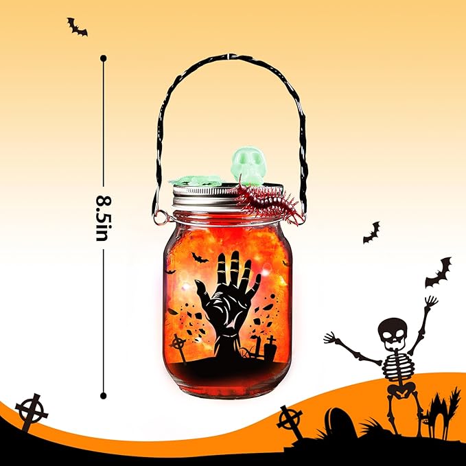 Shemira Halloween Craft Kit for Kids, 12 pcs Glass Mason Jar with Accessories for DIY Lantern Jar, Halloween Art & Craft Party Supplies, Halloween Art Activities, Crafts and Arts Party Supplies