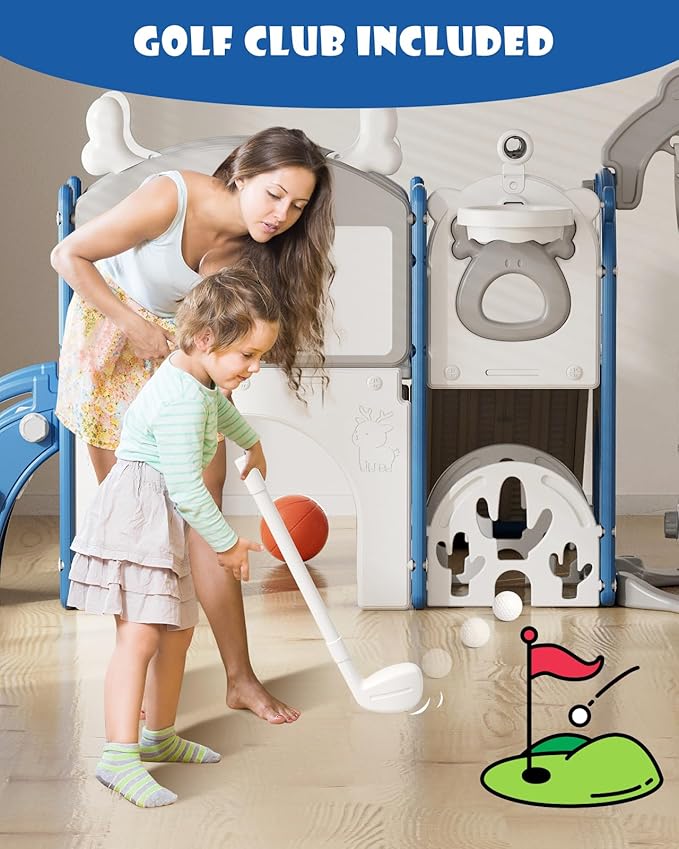 YUFU 13 in 1 Toddler Slide and Swing Set, Kids Slide for Toddlers Age 1-3, Toddler Playset with Golf Set, Basketball Hoop and Drawing Board, Outdoor Indoor Playground (Blue)