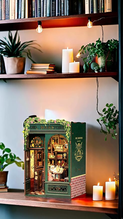 Fsolis Book Nook Kit, DIY Scene Miniature House Kit Tiny House Mini Booknook Craft Bookshelf Decor, 3D Puzzles for Adults, 139 Wooden Pieces, Scale Library Model, Gifts for Book Lovers(OWL Bookstore)