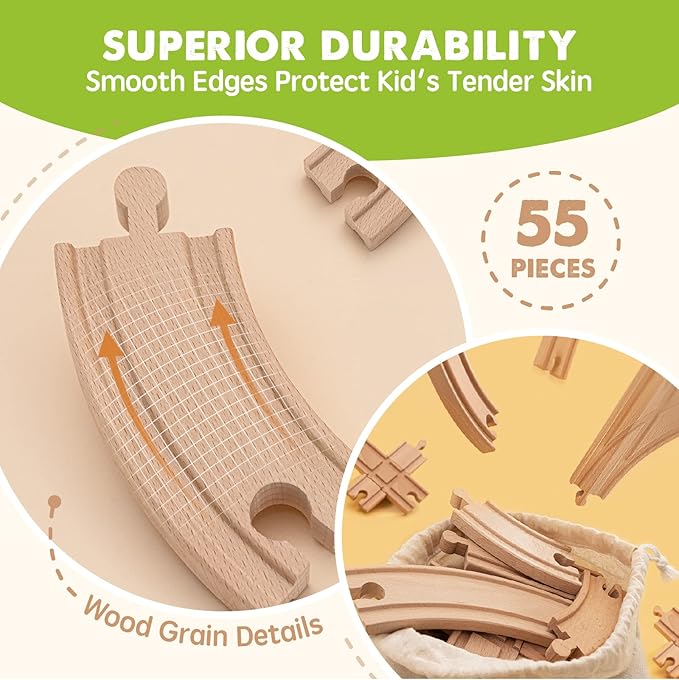 Tiny Land 55PCS Wooden Train Set - Compatible with Major Brand Tracks, Educational Toy for Toddlers & Kids Ages 3-7, Durable Wooden Railway Tracks