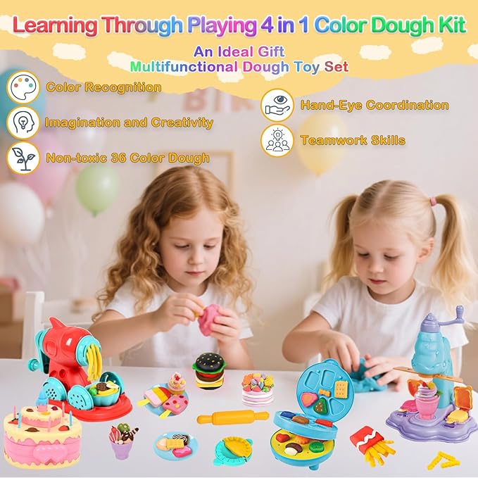 4 in 1 Play Color Dough with 36pcs Modeling Dough Art Crafts Tools Kit Kitchen Creations Cake Noodle Ice Cream Hamburger Maker Machine Food Play Toys for Kids, Pack of 104pcs