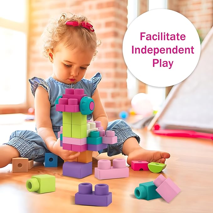Soft Building Blocks for Toddlers, Stacking Blocks for Babies 6 Months and Up STEM Toddler Gifts, Large Construction Block Set Rubber Blocks Bag with 42 Pieces and Storage,Gift for Easter