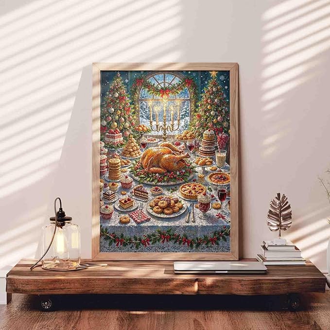 Christmas Feast 1000 Piece Jigsaw Puzzles for Adults Christmas Turkey Painting Jigsaw Puzzle Xmas Trees with Ball Puzzles 20''x27”inch Cookie 1000 Pieces Craft Puzzle Wall Decor Family Challen