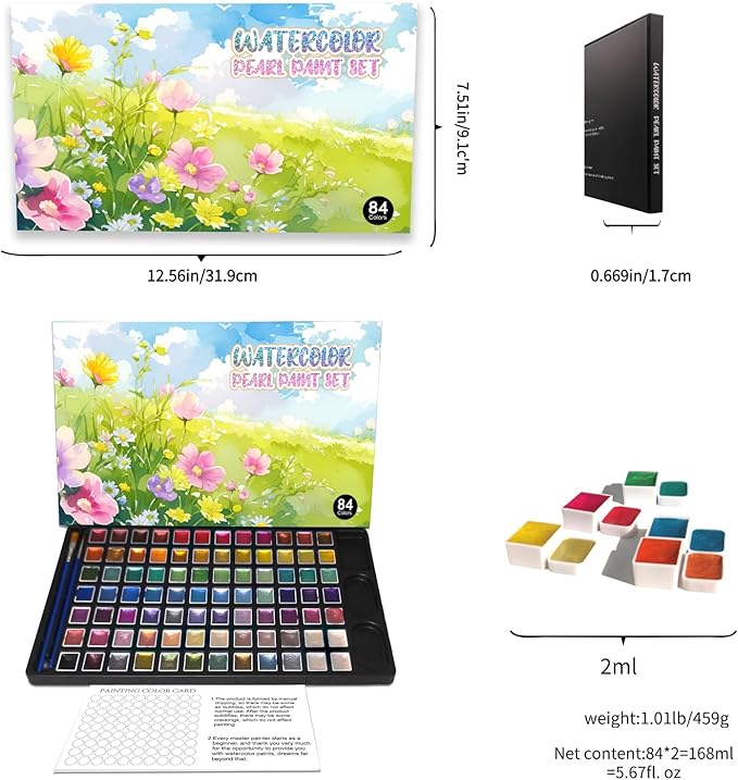2ml Large Capacity Metallic Watercolor Paint Set, 36/60/84 Color Metallic/Pearlescent/Glitter/Color Shifting/Shimmer Water Color Paint for Adult Kids with 2 Paintbrushes