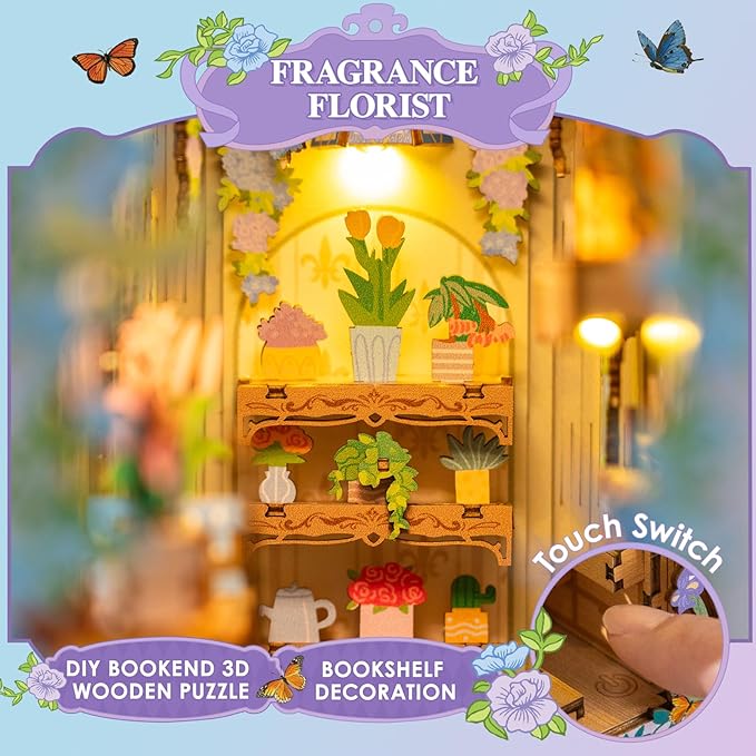 MOMIBOOK Book Nook Kit, 440 PCS DIY Miniature Dollhouse Kit for Adults, 3D Wooden Mini Puzzle Booknook Bookend Bookshelf Decor, Tiny House Model, Christmas Birthday Gifts, Fragrance Florist