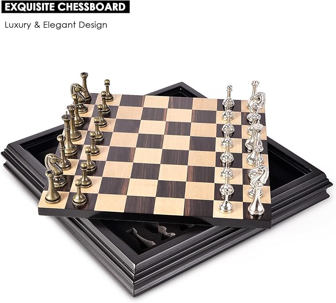 AMEROUS 12.5 inches Wooden Chess Set with Metal Chess Pieces,Classic Board Game w/ 2.5'' King/Storage for Chessmen/Instructions, Chess Sets for Adults, Kids, Beginner