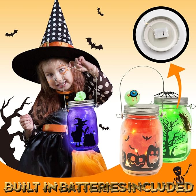 Shemira Halloween Craft Kit for Kids, 4 pcs Glass Mason Jar with Accessories for DIY Lantern Jar, Halloween Art & Craft Party Supplies, Art Activities