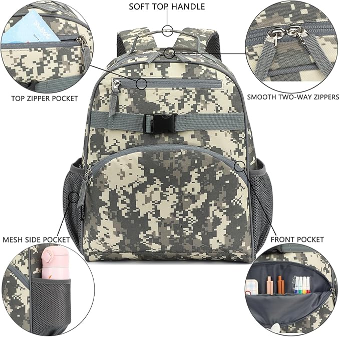 FlowFly Kids Backpack for Toddler Boys Girls, Simple Lightweight Bookbag for Daycare Kindergarten Elementary School Travel, Small Modern Bag (Medium 15''), Digital Camo