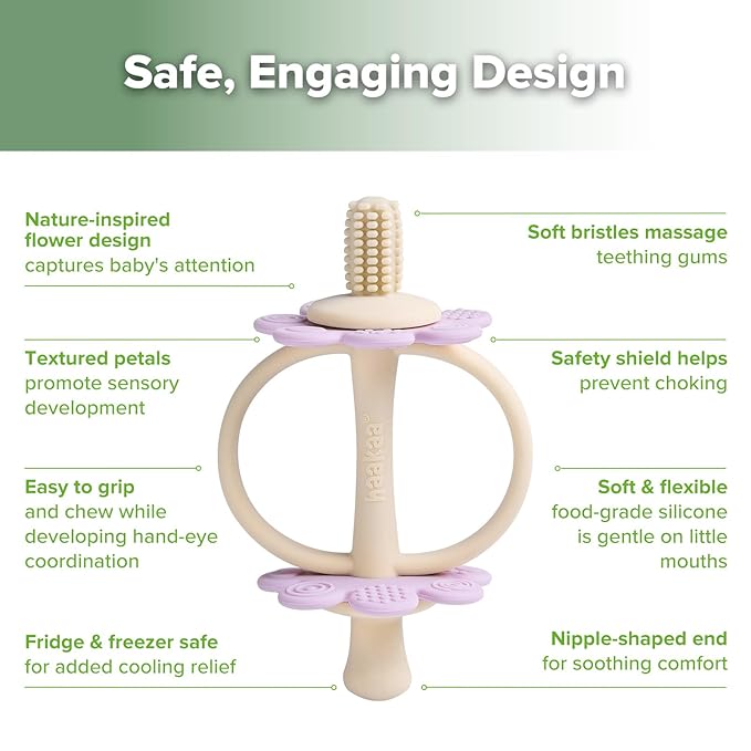 haakaa Silicone Twin Flower Teether,Nipple-Shaped End for Gum Massage,360Β° Baby Toothbrush Head for Self-Brushing Training,Easy to Grip - Lavender