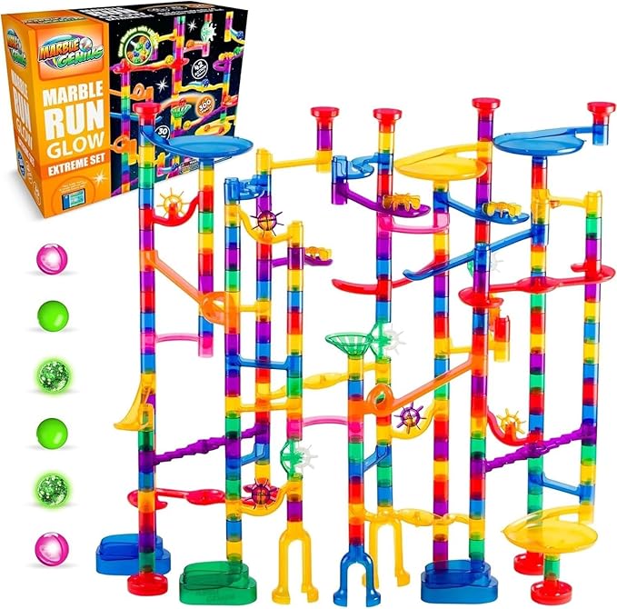Marble Genius Glow Marble Run Track Race Super Set for Kids Age 4+ - 200 pcs, Glow in The Dark, STEM Educational Building Block, Color Instruction Manual, Great Gifts for Kids