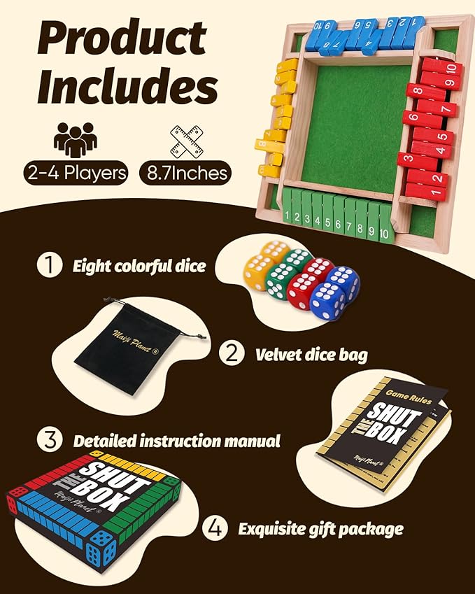 Classic Original Shut The Box Game, Math Dice Board Game for Family Night Classroom Travel, Wooden Table for Group Kid Adult Senior, Camp Party Bar, Easy Quick and Fun, 2-4 Players