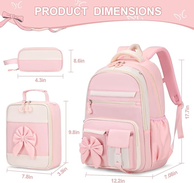 Backpack for Girls, 3PCS Girls Backpack for School with Lunch Bag Pencil Case, Cute Kids Teens Bookbag for Kindergarten Elementary Preschool Middle School (Pink)