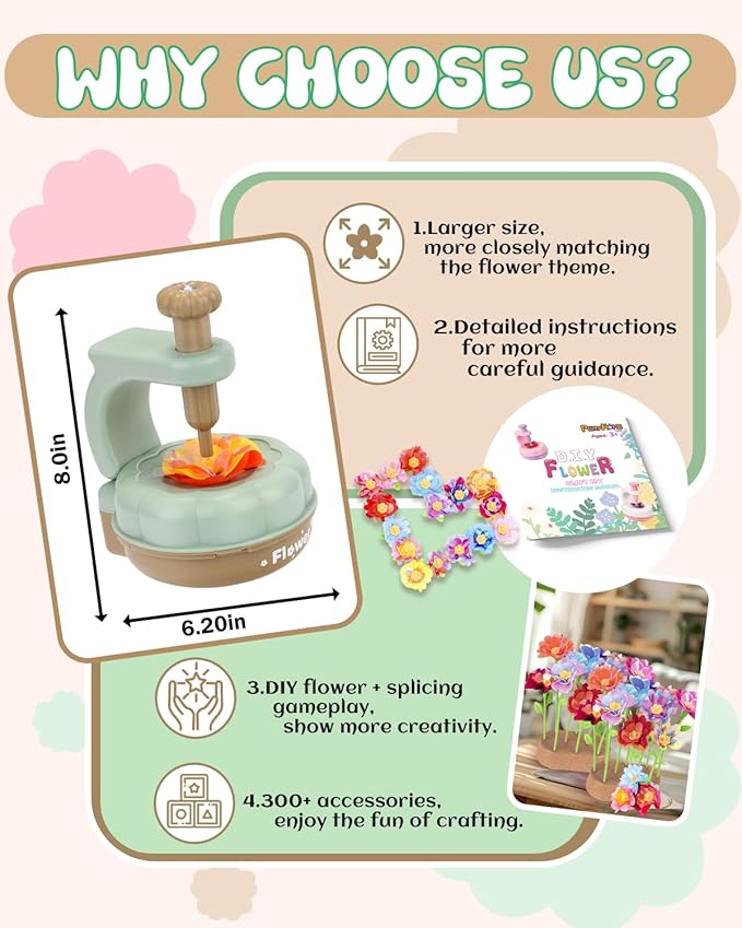 PERRYHOME Fabric Flower Bouquets Toys, 300+ Pcs DIY Flower Crafts for Kids, 2 Gameplays Educational Arts & Crafts Toy, Thanksgiving Birthday and Christmas Gift for 3 4 5 6 7 8 Years Toddler Girl