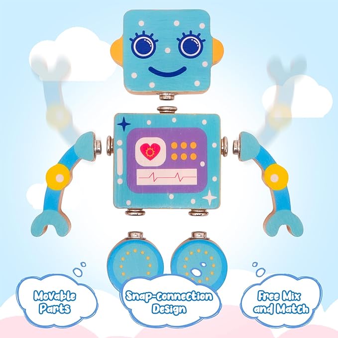 Wooden Robot Snap-Together Building Blocks, STEM Take Apart Toys Playset for Toddlers 3 4 5 6, 28 Psc Montessori Educational Fine Motor Skills Toys for Boys & Girls Birthday Gift