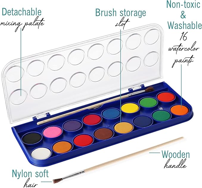 2 Packs of 16 Vivid Colors Washable Watercolor Paint Set Includes Watercolour Mixing Palette and 2 Brushes, Perfect For Artists, Beginner Painters, Kids and Adult Painting