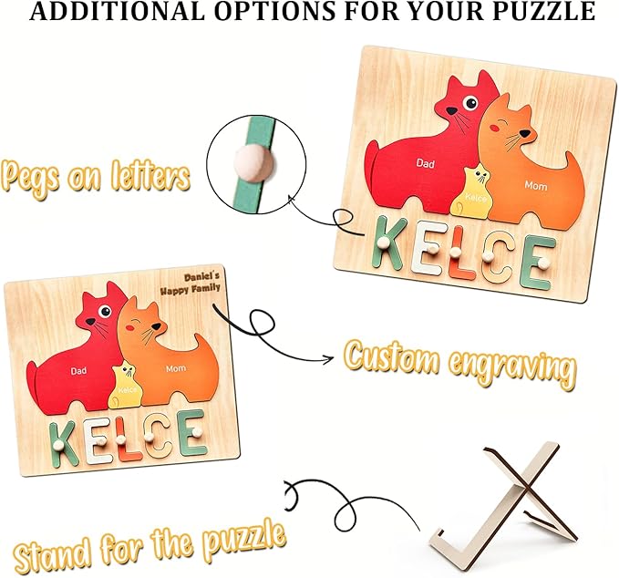 Personalized Baby Name Puzzle | Custom Wooden Baby Toy for Toddlers 1-3 | Montessori Learning Toys for Boys & Girls | Perfect Kids Gift for First Birthdays & Christmas (Cats)