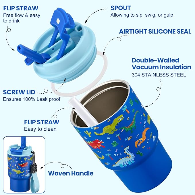 Bento Lunch Box for Kids with 17oz Soup Thermo,Insulated Tumbler Water Bottle and Insulated Lunch Bag,Leak-Proof 3 Compartment Lunch Food Container with with Ice Pack for Kids to School-Dinosaur