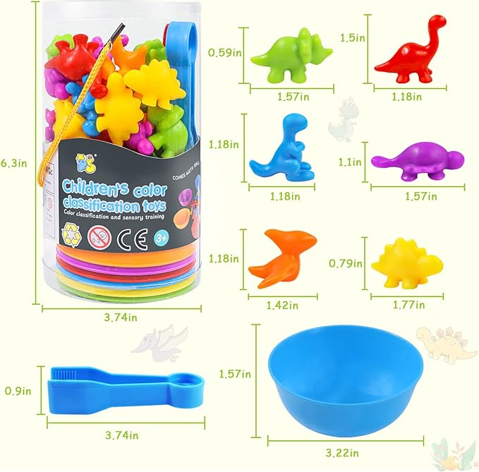 TSYAN Counting Toys Matching Game for Kids with Sorting Bowls Sensory Toys Color Classification Game Set Early Learning Toddler Preschool Montessori Educational Toys for 3 4 5 Years Old-Dinosaurs