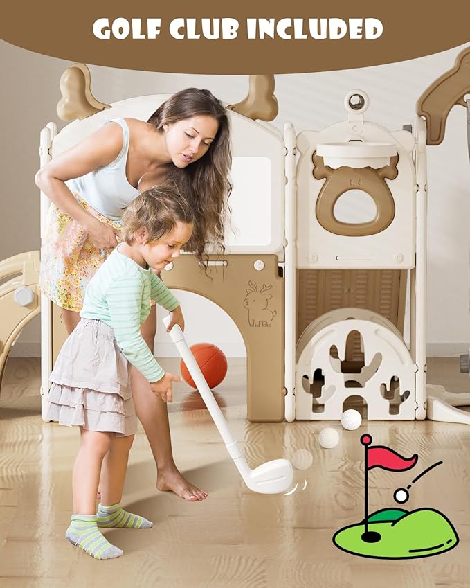 YUFU 13 in 1 Toddler Slide and Swing Set, Kids Slide for Toddlers Age 1-3, Toddler Playset with Golf Set, Basketball Hoop and Drawing Board, Outdoor Indoor Playground (Brown)