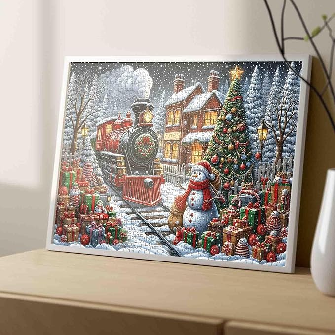 1000 Piece Jigsaw Puzzles for Adults Christmas Train,Xmas Tree Painting Christmas Gift,Snowman Jigsaw Puzzle 1000 Pieces Snowy Winter Village Puzzles Family Fun Game DIY Craft Bedroom Decor Festival