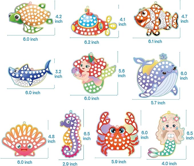 iGetooy 10 Sets DIY Mosaic Stickers for Kids, Mermaid Art Craft Kit with 720+ Stickers, Travel Toys for Kids, Birthday Gifts for Girls and Boys 3-8 Year Olds