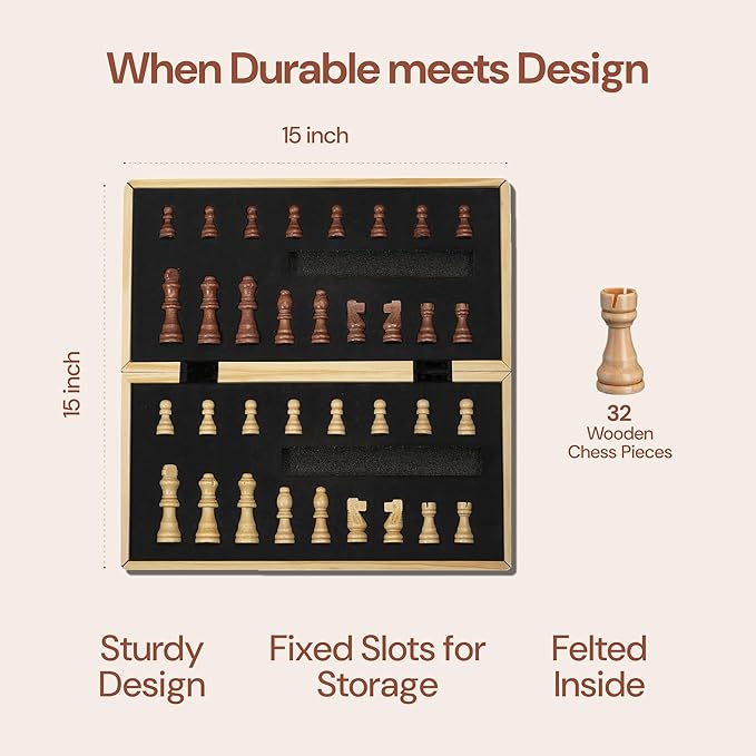 15" Wooden Chess Sets - Board Game with 2 Extra Queens | Wooden Chess Board Set | Chess Sets for Adults & Kids