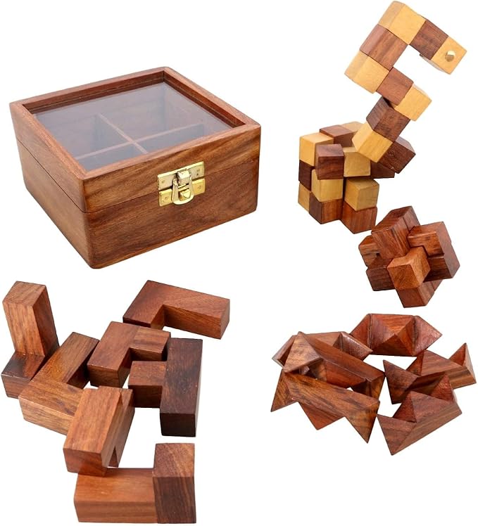 Ajuny Wooden Puzzles Box Set (4 Games) Brain Teaser for Teens & Adults, IQ Test Interlocking 3D Puzzles, Handcrafted Rustic Patio Decor, Unique Gift for Christmas and Birthdays