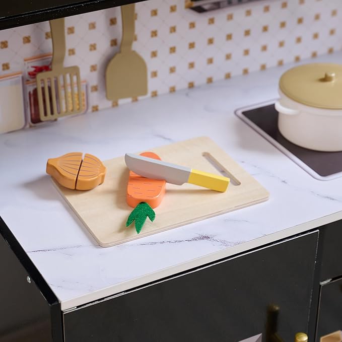 Teamson Kids Wooden Play Kitchen for Toddlers with Accessories, Pretend Cooking Set for Kids Age 3+, Black Toy Kitchen Playset, Retro Design, Realistic Features for Boys & Girls, St. Louis Collection