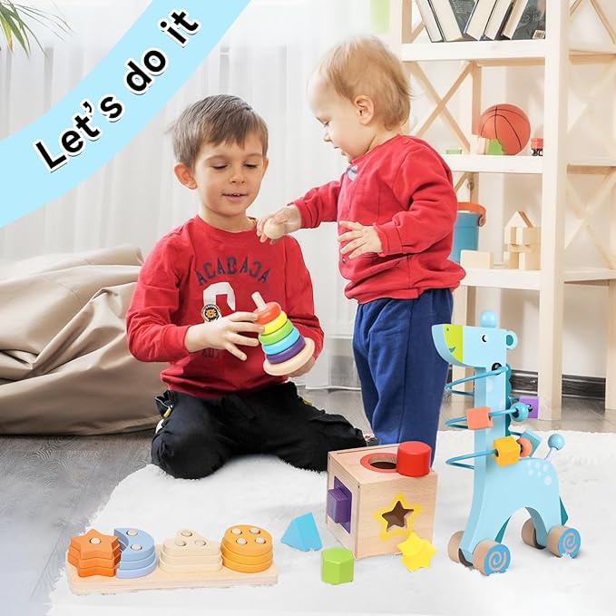 Wooden Montessori Toys for 1 Year Old, 4-in-1 Educational Sensory and Baby Learning Toys for Toddlers Aged 1-3, Boy and Girl's Best Gifts for Birthday (Blue)