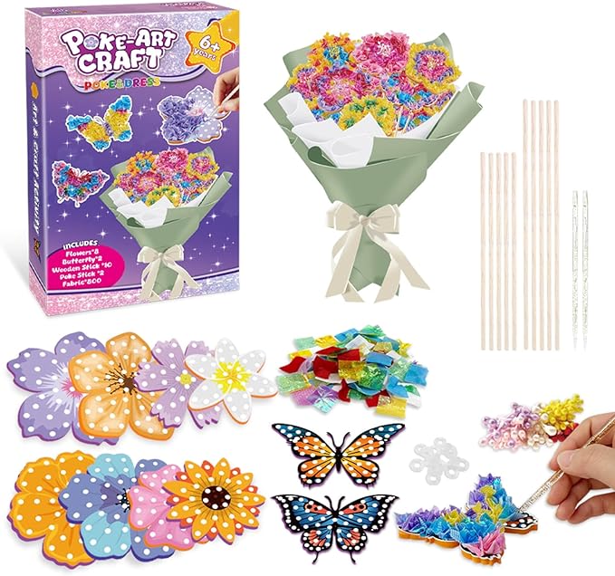 Britik Arts and Crafts for Kids Ages 8-12: Poke in Fun Art Kits for Girls, Poke Art Flower Bouquet Craft Kit, Fabric Arts for Kids DIY Flower Bouquet Kit Birthday Gift for Girls 8 9 10 11 12, Green