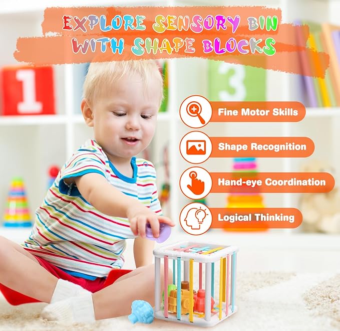 Baby Toys 6 to12 Months, 7 in-1 Montessori Toy for 6-9-12-18 Month Old with Pull String Toy, Sensory Bin Toys, Stacking Baby Blocks & Soft Infant Ring & Sensory Ball, Stacking Cups for Toddler Gift