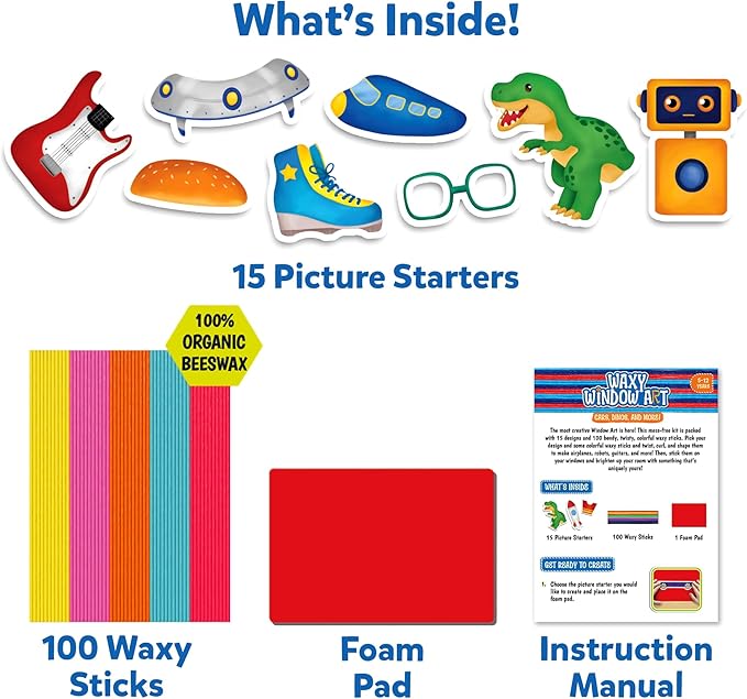 Skillmatics Waxy Window Art - 100 Bendable Waxy Sticks for Mess-Free DIY Fun, Reusable 100% Organic Beeswax Craft Kit, Travel Friendly, Creative Gifts for Girls & Boys Ages 5, 6, 7, 8, 9, 10, 11, 12