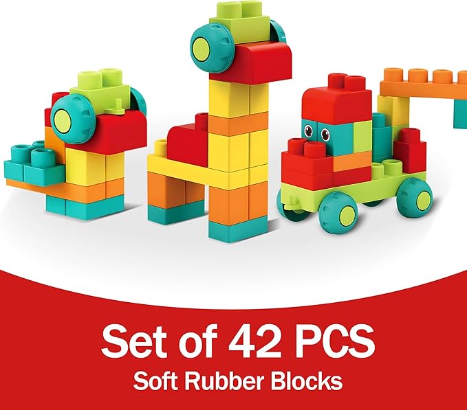 Soft Building Blocks STEM Montessori Preschool Learning Stacking Sensory Toys, Large Construction Block Set, Rubber Blocks 12-18 Months Block Bag with 42 Pieces and Storage