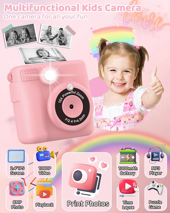 Instant Print Camera for Kids with 3 Rolls of Printer Paper, 1080P Toddler Digital Camera Toys for Age 3-12 with 32GB SD Card, Christmas & Birthday Gifts for 3 4 5 6 7 8 Year Old Girls & Boys (Pink)