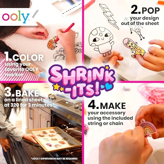Ooly Shrink-Its 74 PC DIY Shrinking Art Kit with 8 Paint Markers, Includes 48 Plastic Pre Cut Charms, 15 Colored Ball Chains and 2 Colored Cords