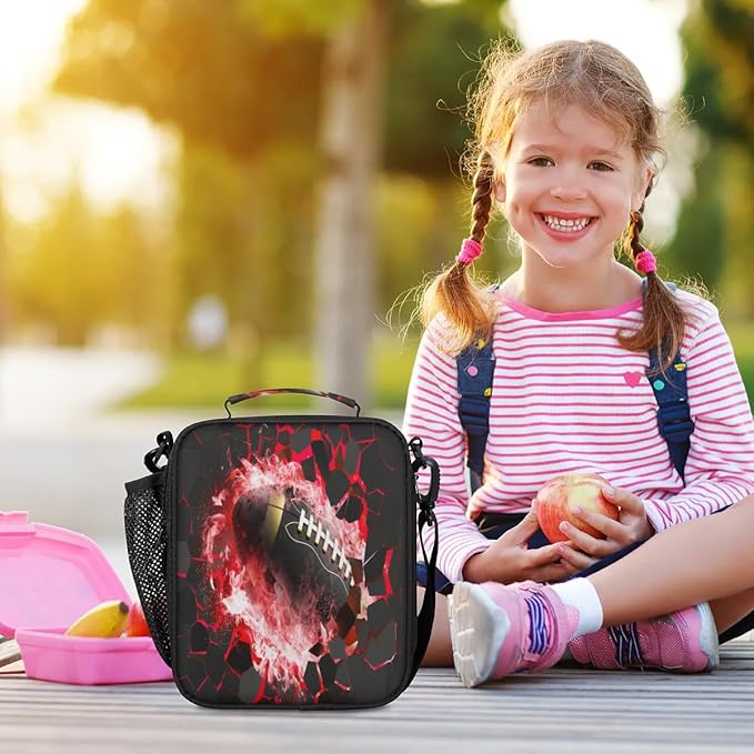 American Football Lunch Box for Boys Insulated Lunch Bag Reusable Portable Lunchbox with Adjustable Shoulder Strap and Water Bottle Holder for Work School Travel