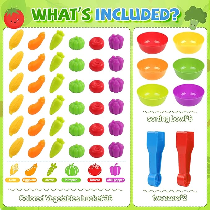 Counting Vegetables Matching Games Sensory Toys with Sorting Bowls Preschool Learning Activities Color Classification Montessori Educational Toys Set Gift for Boys Girls Toddlers Toys Age 3+