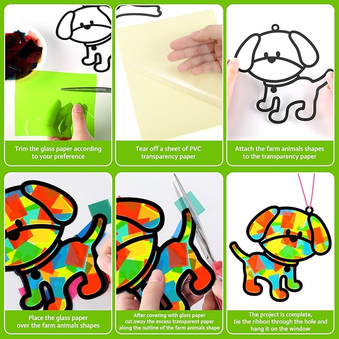 QOUBAI 32 Sets Farm Animals Suncatchers Craft Kit DIY Window Stained Glass Effect Cow Horse Chicken Paper Craft Home School Classroom Decoration Kid Birthday Gift Creative Art Project Activity Game