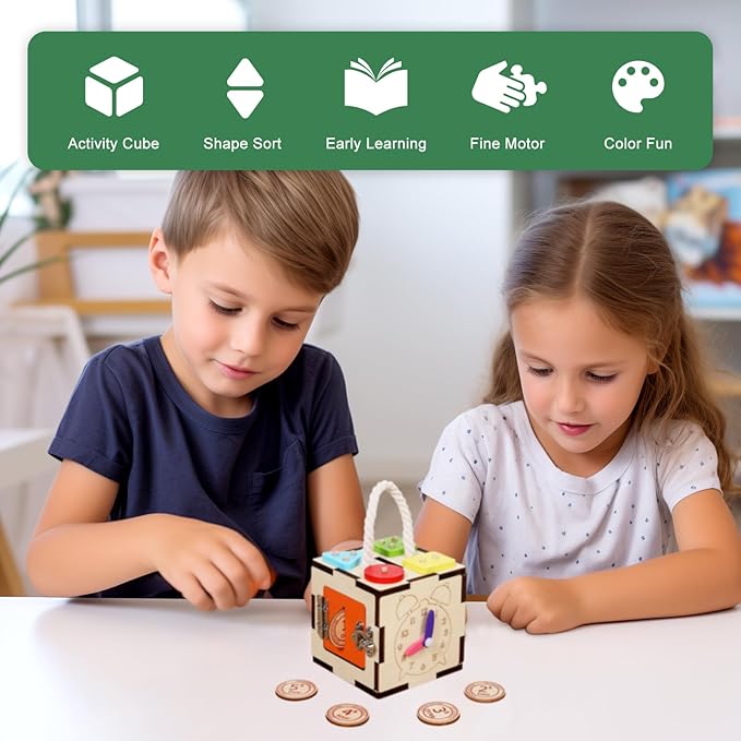 WODI Montessori Activity Cube for Toddlers 3-6 Wooden Baby Toys with Bead Maze, Shape Sorter, Gear Spinner & Coin Game - Educational Sensory Toy for Fine Motor Skills, Learning Busy Box for Boys Girls