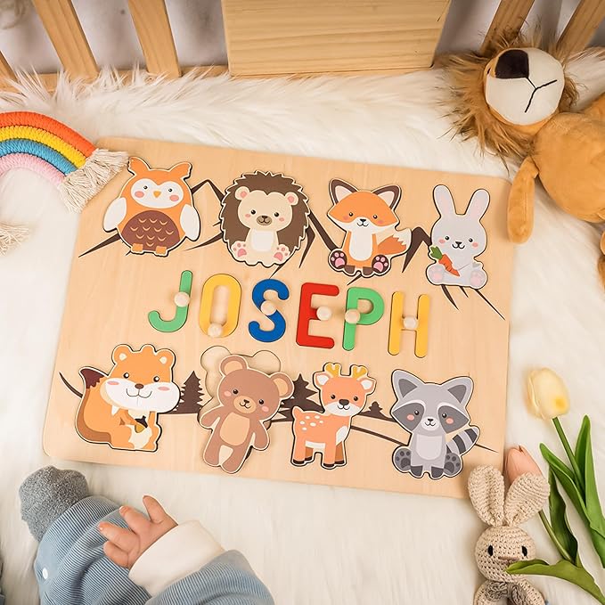 Personalized Name Puzzle for Kids, Custom Baby Gifts for Toddler 1-3, Customized 1st Birthday for Girls & Boys Wooden Animal Puzzle Montessor Toys for Kids