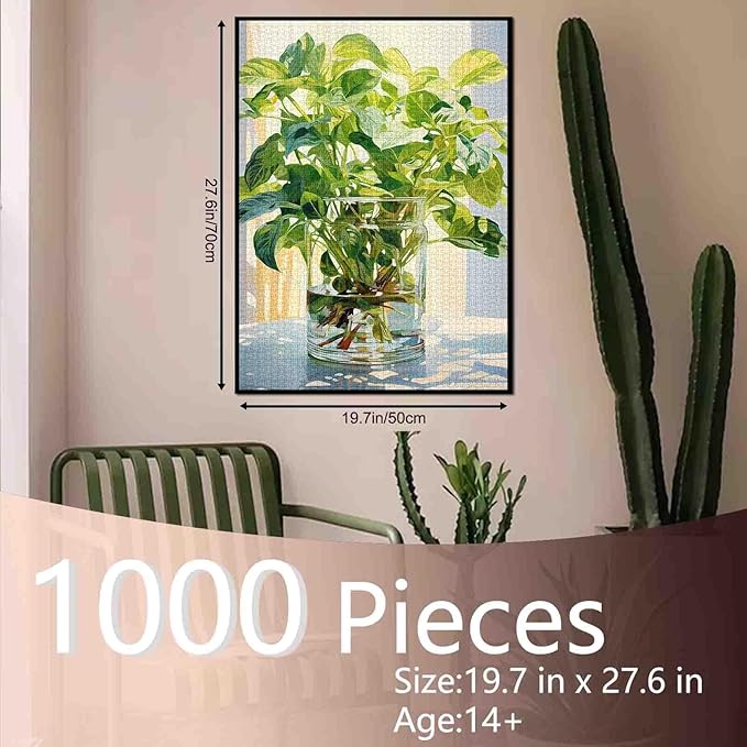 1000 Piece Jigsaw Puzzles for Adults Green Plants in Glass Vase Picture Jigsaw Puzzle Plant 1000 Pieces Puzzles Game Green Leaves Wall Decor DIY Craft Puzzle Relaxing Puzzle Art