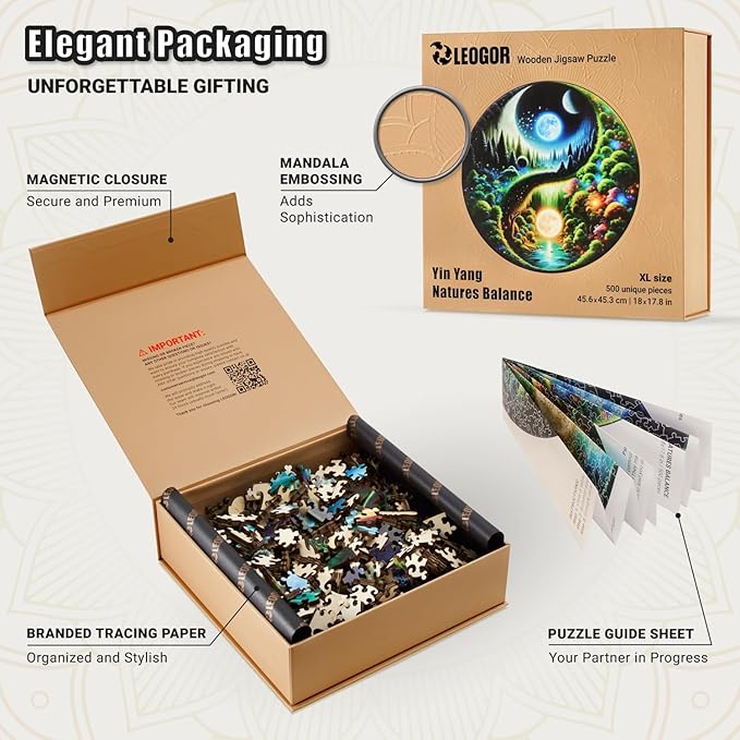 LEOGOR Wooden Puzzles for Adults 500 Pieces (18 x 17.8 in), Extra-Thick 5mm Round XL Wood Jigsaw, Yin Yang Puzzle, Unique Whimsical Pieces, Challenging, Fun & Beautiful Gift for Puzzle Lovers