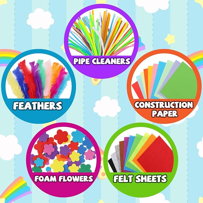 DOITEM Pipe Cleaners Craft Supplies, 1500+Pcs Arts and Crafts Supplies Including Pipe Cleaner Wiggle Googly Eyes Pom Poms Feathers Sticks Sequins Foam Flowers Papers Felt Stickers