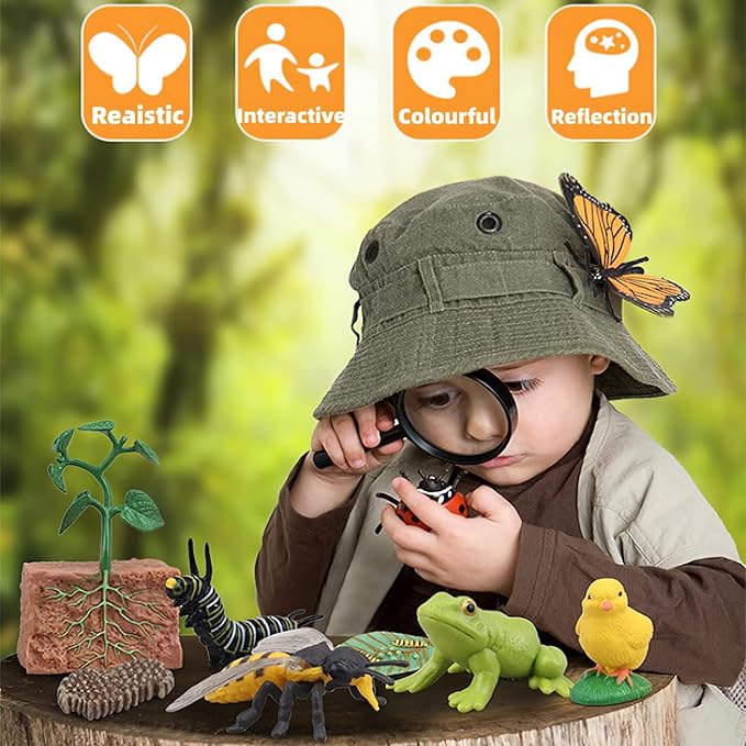 Montessori Life Cycle Animal Figures with Flash Cards, Realistic Animal Figurines Toy, Educational Matching Game for 3+ Year Old Toddlers Kids (Plant)