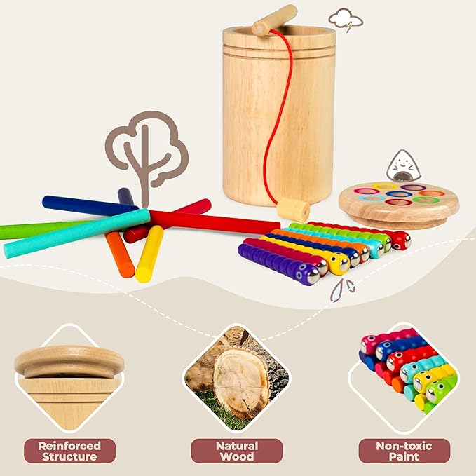 Wooden Montessori Toys for Toddlers 1-3, 2-in-1 Color Sorting & Magnetic Fishing Game, Fine Motor Skills Sensory Activities, Preschool Learning Educational Gifts for Boys and Girls