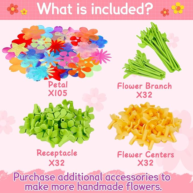 Qirptey Flower Bouquet Craft Kit Accessories DIY Arts and Crafts Toys for Kids Fabric Flower Market Toy Accessories Preschool Learning Birthday Gift for 3 4 5 6 7 Year Old Girls and Boys