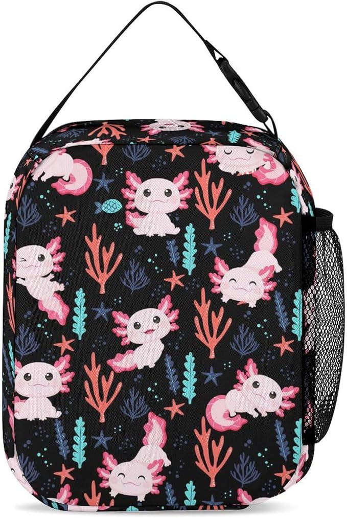 Axolotl Lunch Box - Cute Reusable Axolotl Lunch Bag for Women Men Kids - Small Portable Foldable Insulated Lunchbox for School Work Picnic