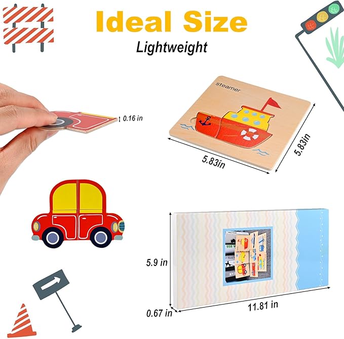 Wooden Puzzles for Toddlers 1-3, Toddler Puzzles Ages 2-4, Montessori Toys for 1-3+ Year Old Learning Educational Preschool Toys for Boys Girls (Vehicle Theme)