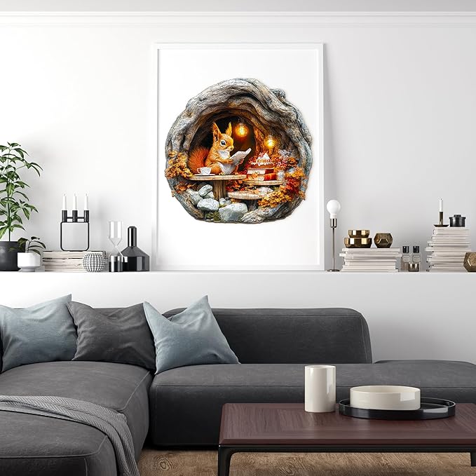 Wooden Puzzles for Adults, Wooden Jigsaw Puzzles for Adults Kids, 3D Burrow Squirrel Unique Shaped Wood Puzzles Adult, Creative Birthday Gifts for Friends Family Game (13.4 * 13.1in 300pcs)